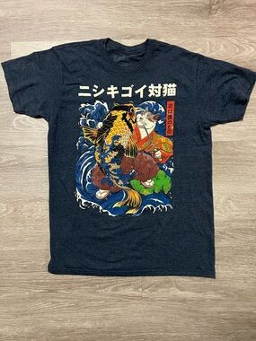 Threadless Navy Graphic Tee with Multicolor Koi & Cat Print
